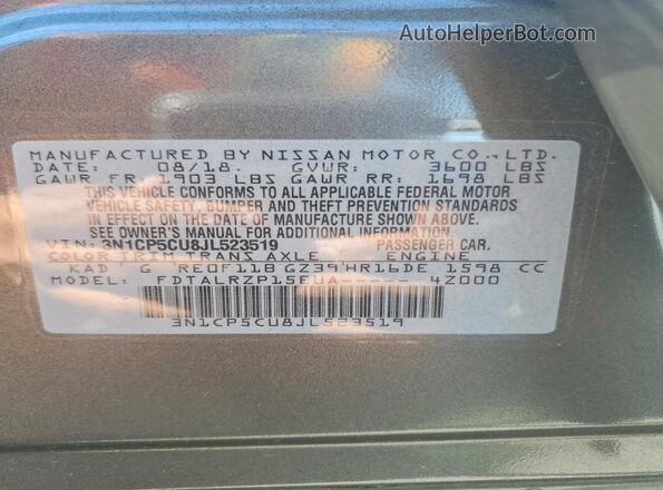 3N1CP5CU8JL523519 2018 NISSAN KICKS Gray VIN կոդի պիտակի տեսք