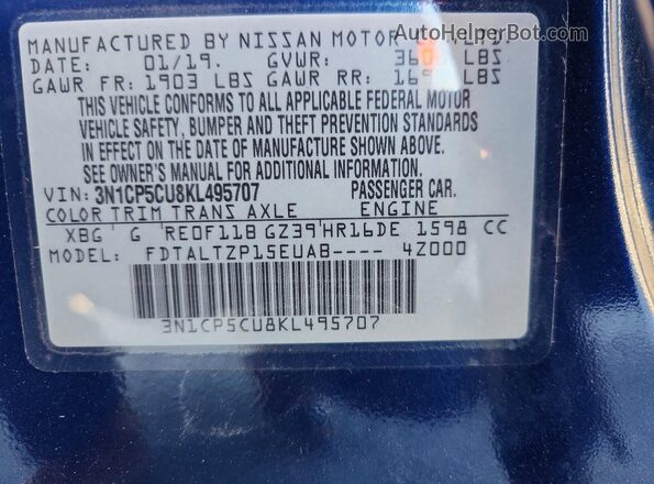 3N1CP5CU8KL495707 2019 NISSAN KICKS Синий Вид наклейки с VIN-кодом