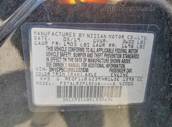 3N1CP5CU8KL532836 2019 NISSAN KICKS Black VIN კოდის სტიკერის ხედი