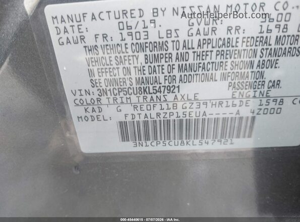 3N1CP5CU8KL547921 2019 NISSAN KICKS Pewter Vista del compartimento del motor