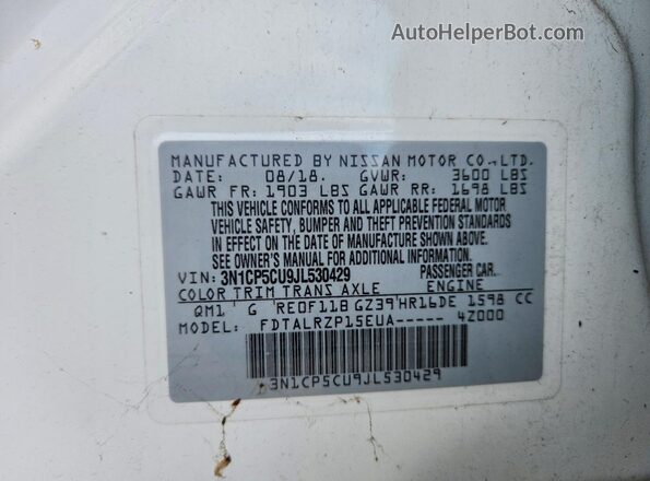 3N1CP5CU9JL530429 2018 NISSAN KICKS White VIN կոդի պիտակի տեսք