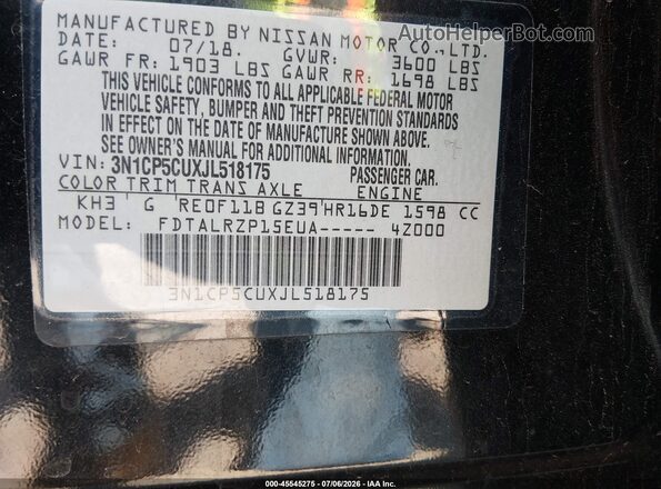 3N1CP5CUXJL518175 2018 NISSAN KICKS Черный Вид подкапотного пространства