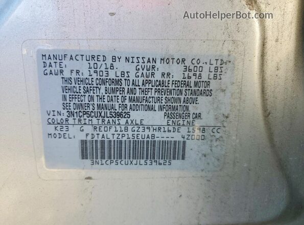 3N1CP5CUXJL539625 2018 NISSAN KICKS Silver VIN კოდის სტიკერის ხედი