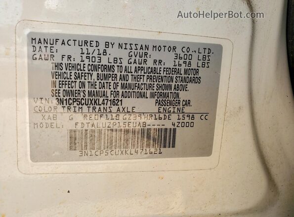 3N1CP5CUXKL471621 2019 NISSAN KICKS White Вид підкапотного простору