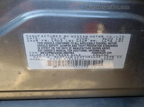 3N1CP5CUXKL493764 2019 NISSAN KICKS Gray Вид наклейки з VIN-кодом