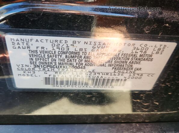3N1CP5CUXKL500048 2019 NISSAN KICKS Black Вид наклейки з VIN-кодом