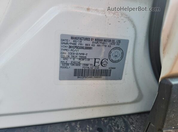 3N1CP5CUXKL508991 2019 NISSAN KICKS White Widok naklejki z numerem VIN
