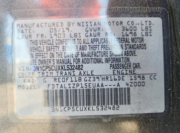 3N1CP5CUXKL532482 2019 NISSAN KICKS Gray VIN კოდის სტიკერის ხედი