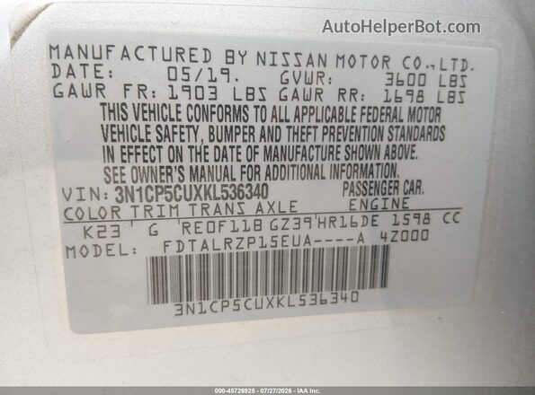 3N1CP5CUXKL536340 2019 NISSAN KICKS Silver Engine compartment view