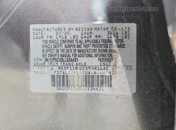 3N1CP5CV0LL534431 2020 NISSAN KICKS Gray Vista de la etiqueta del VIN