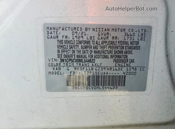 3N1CP5CV0ML544622 2021 NISSAN KICKS White VIN կոդի պիտակի տեսք