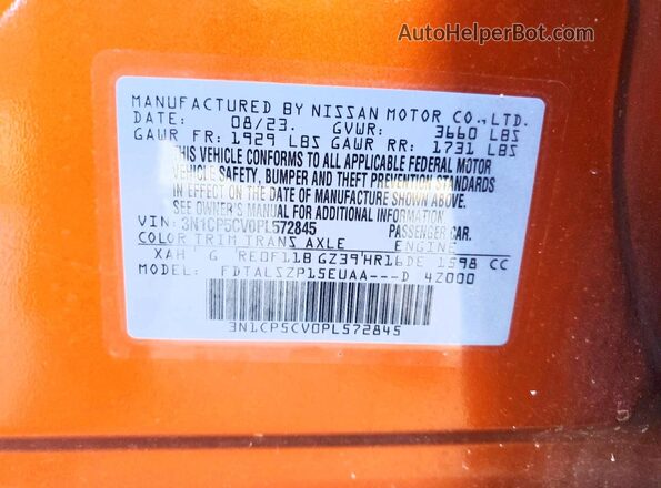 3N1CP5CV0PL572845 2023 NISSAN KICKS Orange VIN sticker view