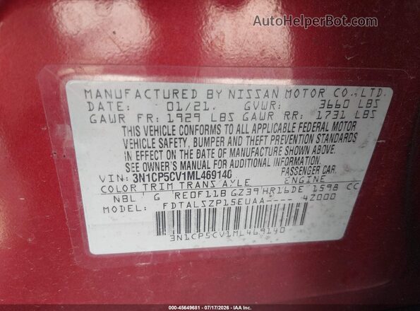 3N1CP5CV1ML469140 2021 NISSAN KICKS Red Widok komory silnika