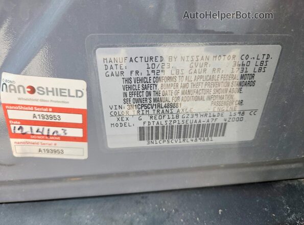 3N1CP5CV1RL489881 2024 NISSAN KICKS Gray Вид наклейки з VIN-кодом
