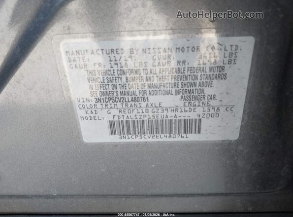 3N1CP5CV2LL480761 2020 NISSAN KICKS Gray Vista del compartimento del motor
