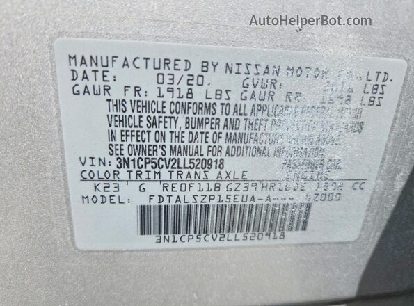 3N1CP5CV2LL520918 2020 NISSAN KICKS Silver VIN კოდის სტიკერის ხედი