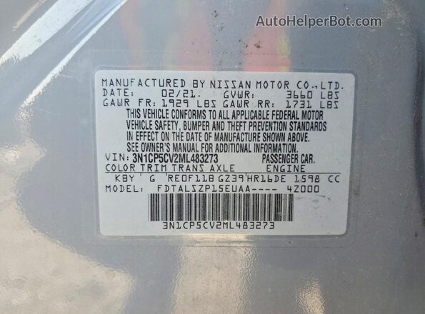 3N1CP5CV2ML483273 2021 NISSAN KICKS Gray VIN კოდის სტიკერის ხედი