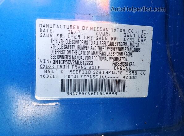 3N1CP5CV2ML512223 2021 NISSAN KICKS Blue Vista de la etiqueta del VIN