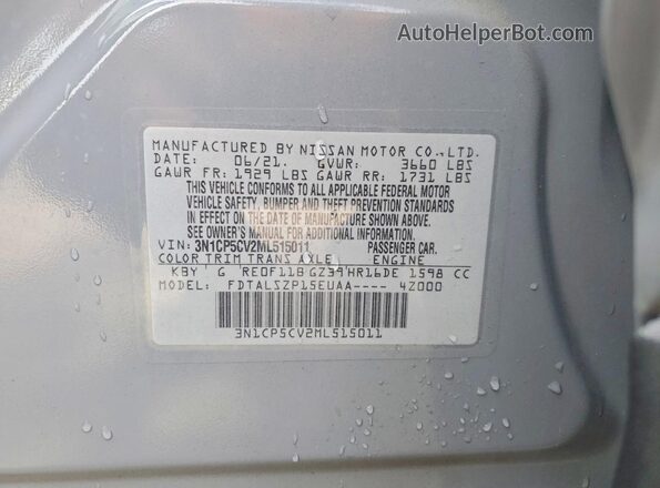 3N1CP5CV2ML515011 2021 NISSAN KICKS Gray VIN კოდის სტიკერის ხედი
