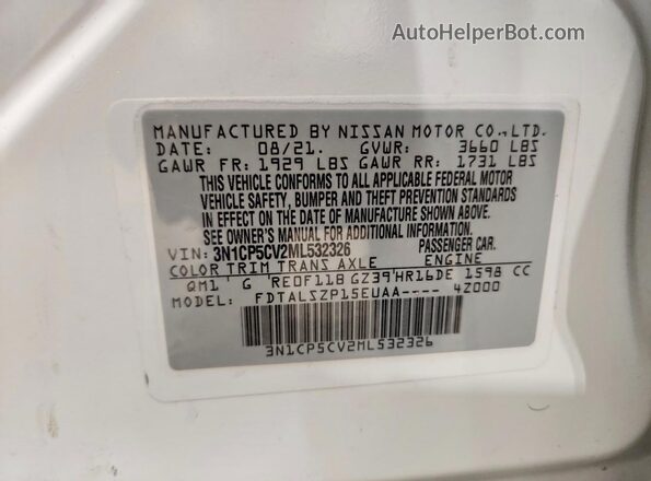 3N1CP5CV2ML532326 2021 NISSAN KICKS Белый Вид наклейки с VIN-кодом