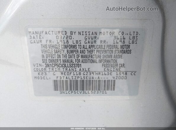 3N1CP5CV3LL523701 2020 NISSAN KICKS Silver Engine compartment view