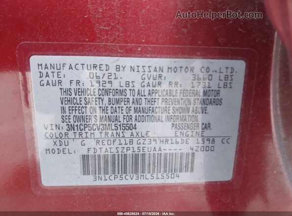 3N1CP5CV3ML515504 2021 NISSAN KICKS Red ძრავის განყოფილების ხედი
