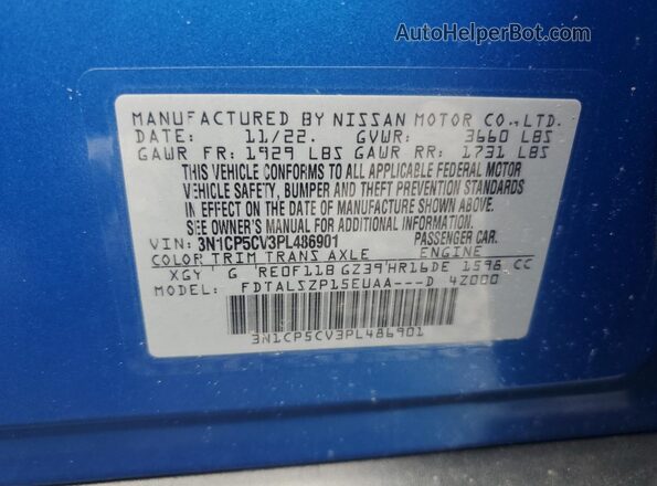 3N1CP5CV3PL486901 2023 NISSAN KICKS Blue Вид наклейки з VIN-кодом