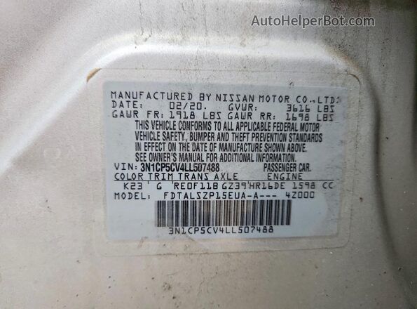 3N1CP5CV4LL507488 2020 NISSAN KICKS Silver Widok naklejki z numerem VIN