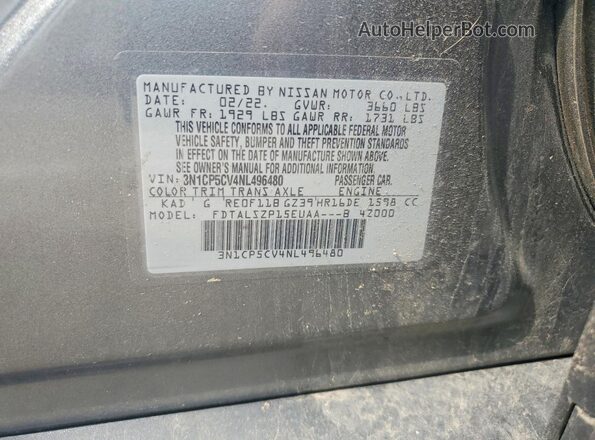 3N1CP5CV4NL496480 2022 NISSAN KICKS Gray VIN კოდის სტიკერის ხედი