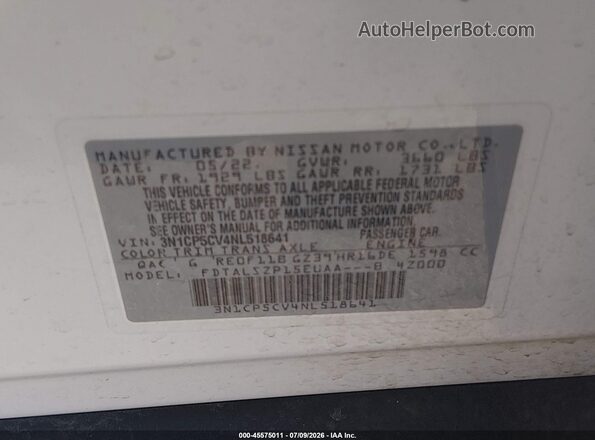 3N1CP5CV4NL518641 2022 NISSAN KICKS White ძრავის განყოფილების ხედი