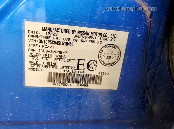 3N1CP5CV4SL510485 2025 NISSAN KICKS Blue VIN კოდის სტიკერის ხედი