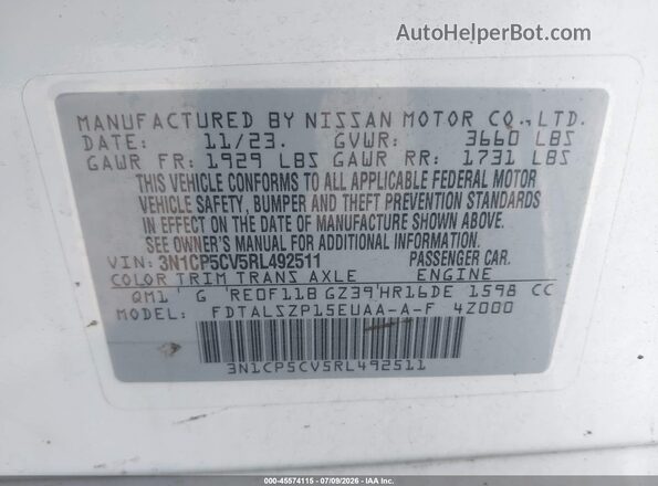 3N1CP5CV5RL492511 2024 NISSAN KICKS White Вид підкапотного простору