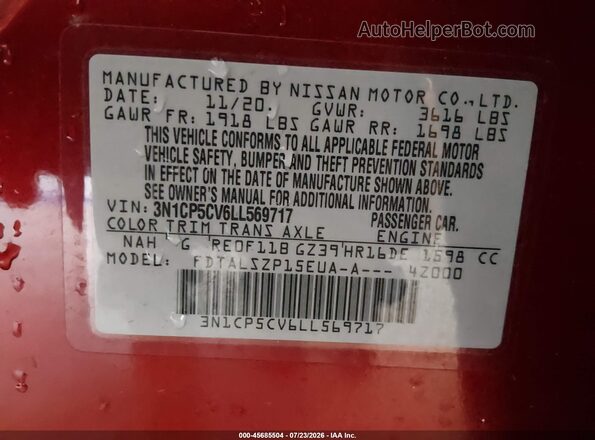 3N1CP5CV6LL569717 2020 NISSAN KICKS Red Vista del compartimento del motor