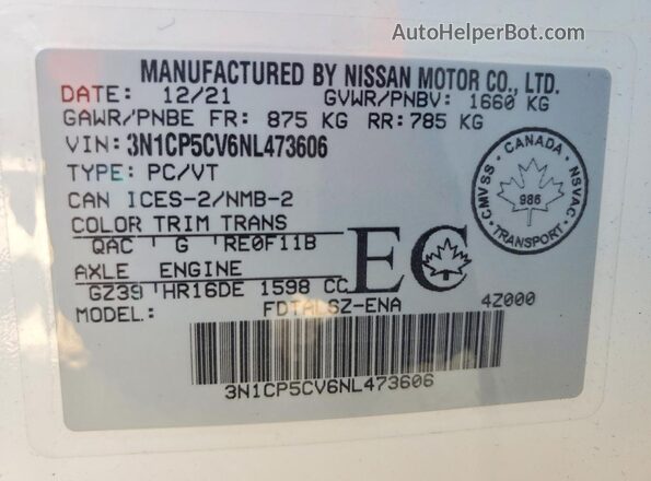 3N1CP5CV6NL473606 2022 NISSAN KICKS White Вид наклейки з VIN-кодом