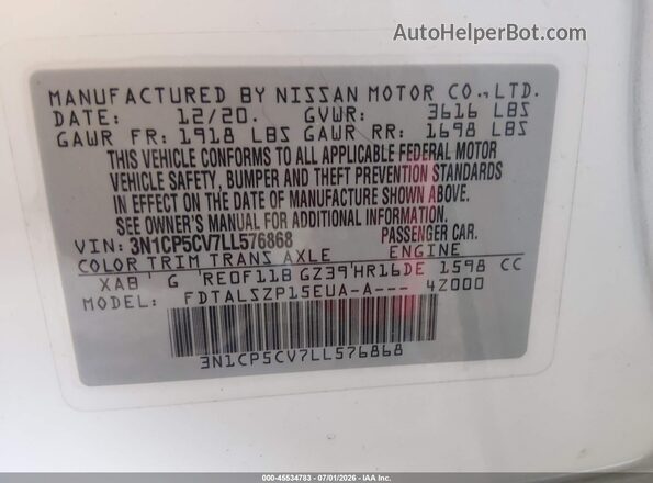 3N1CP5CV7LL576868 2020 NISSAN KICKS White Widok komory silnika