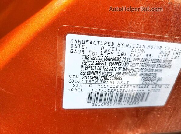 3N1CP5CV7ML470583 2021 NISSAN KICKS Orange VIN კოდის სტიკერის ხედი