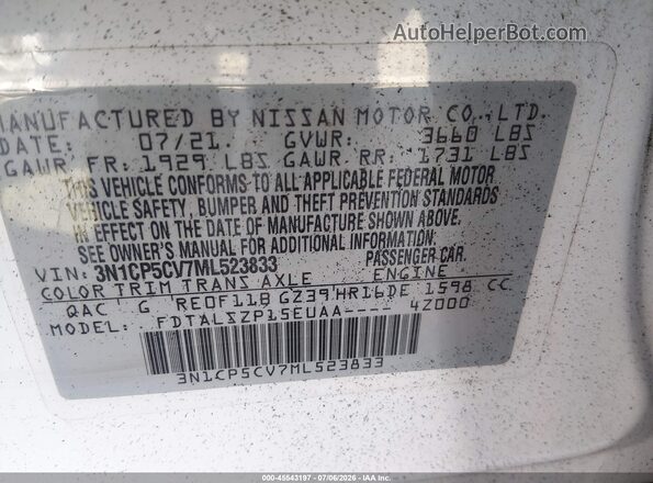 3N1CP5CV7ML523833 2021 NISSAN KICKS White Engine compartment view
