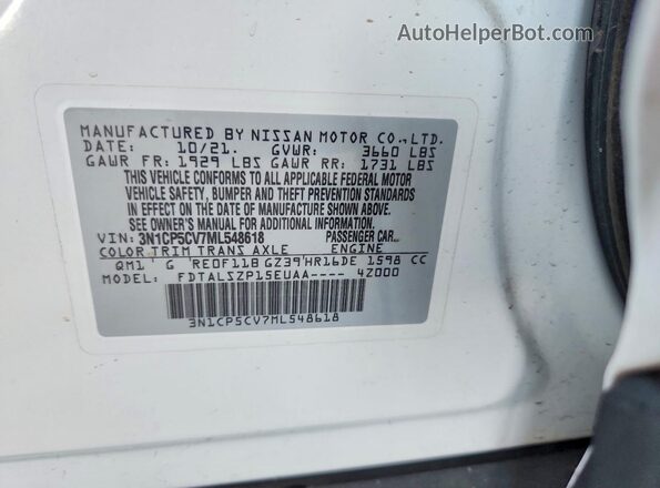 3N1CP5CV7ML548618 2021 NISSAN KICKS White Vista de la etiqueta del VIN