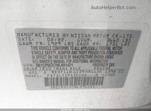 3N1CP5CV7NL491421 2022 NISSAN KICKS White Widok komory silnika