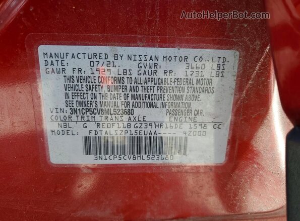 3N1CP5CV8ML523680 2021 NISSAN KICKS Red Vista interior de 360 grados