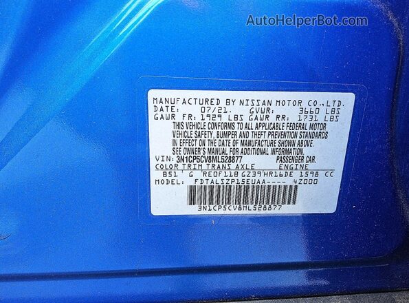 3N1CP5CV8ML528877 2021 NISSAN KICKS Blue VIN կոդի պիտակի տեսք