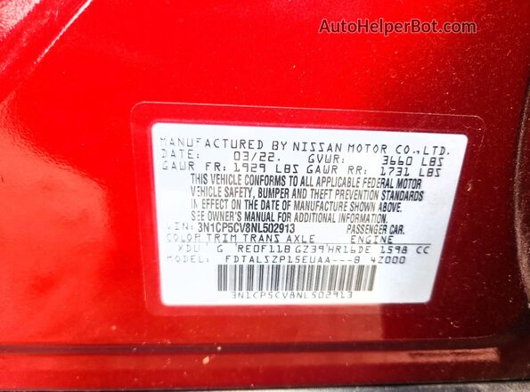 3N1CP5CV8NL502913 2022 NISSAN KICKS Red VIN კოდის სტიკერის ხედი