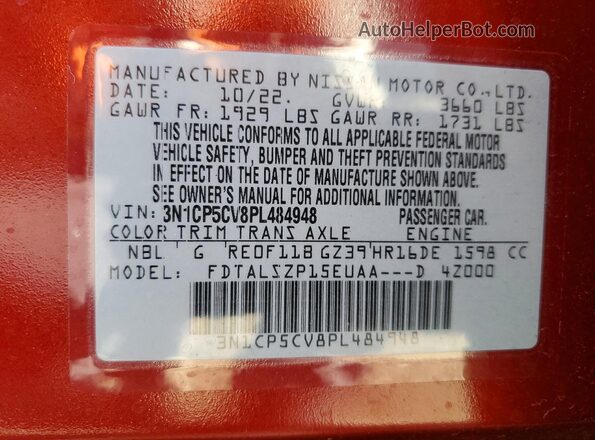 3N1CP5CV8PL484948 2023 NISSAN KICKS Red VIN კოდის სტიკერის ხედი