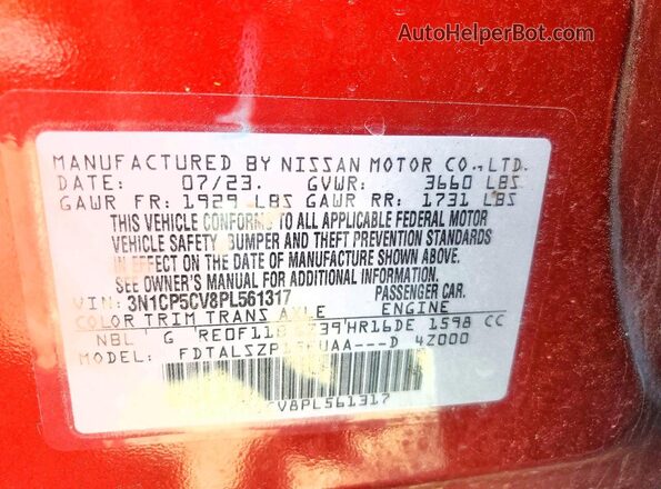 3N1CP5CV8PL561317 2023 NISSAN KICKS Red Вид наклейки з VIN-кодом