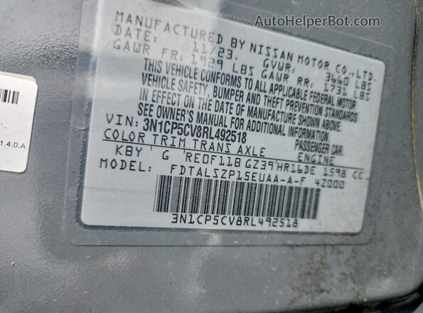 3N1CP5CV8RL492518 2024 NISSAN KICKS Gray Widok naklejki z numerem VIN