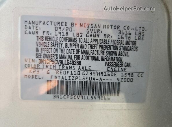 3N1CP5CV9LL549266 2020 NISSAN KICKS Silver VIN sticker view