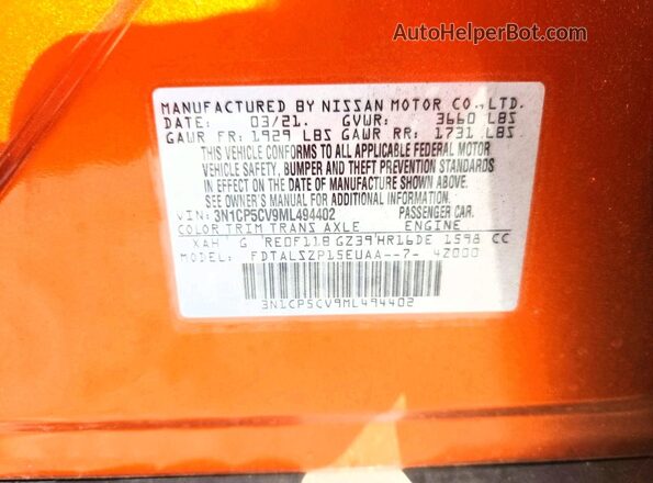 3N1CP5CV9ML494402 2021 NISSAN KICKS Orange Widok komory silnika