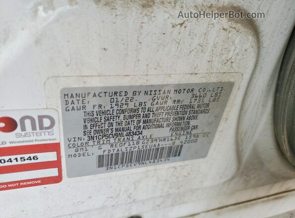3N1CP5CV9NL483434 2022 NISSAN KICKS White Widok wnętrza 360 stopni