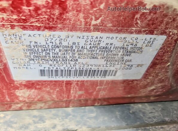 3N1CP5CVXLL531438 2020 NISSAN KICKS Red Вид наклейки з VIN-кодом