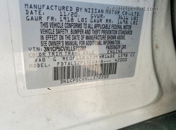 3N1CP5CVXLL572202 2020 NISSAN KICKS White VIN կոդի պիտակի տեսք